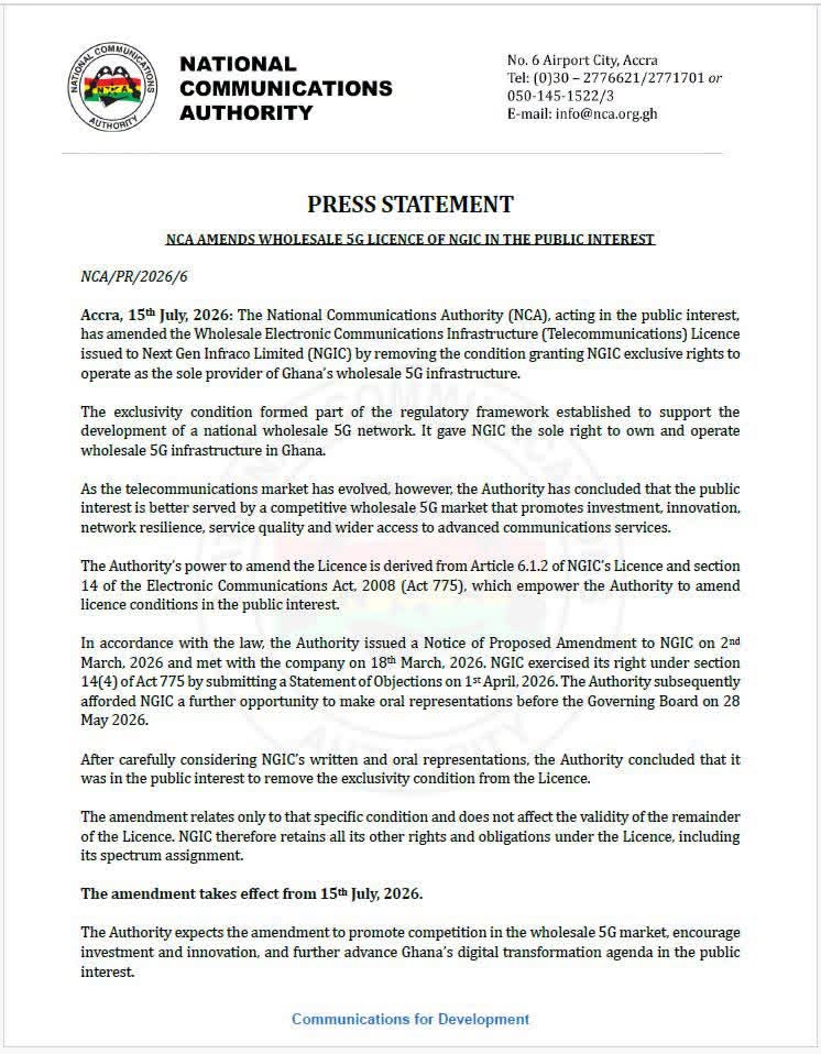 NCA opens Ghana's 5G wholesale market to competition, ends NGIC monopoly