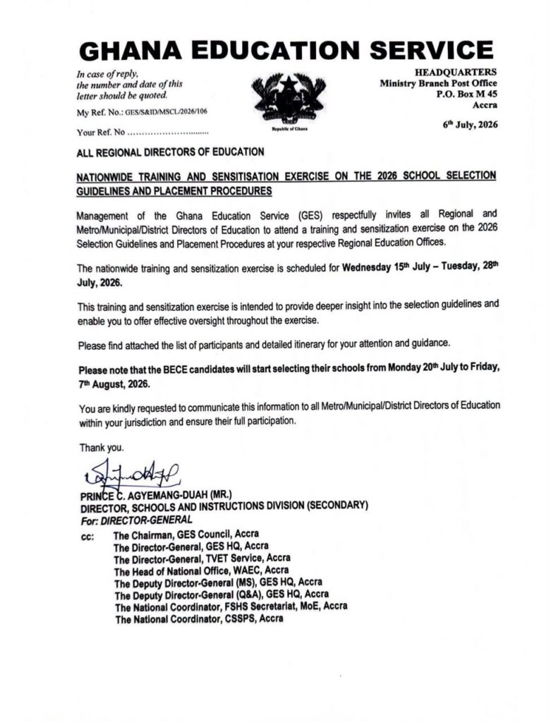 GES Sets July 20 to August 7 for 2026 BECE School Selection Window