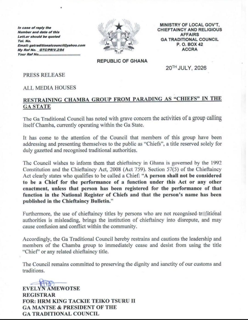 Ga Traditional Council cracks down on illegal use of chief titles by Chamba group
