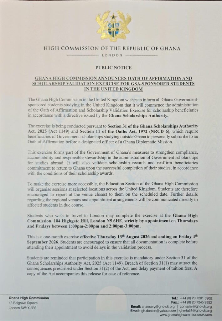 Ghana mandates oath-taking for UK-based scholarship students; non-compliance risks fund loss