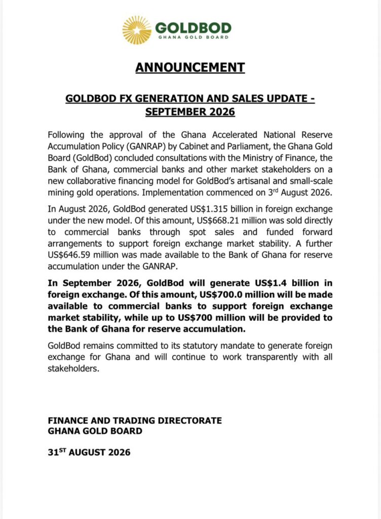 Ghana Gold Board to inject $1.4bn into forex market in September, bolstering reserves