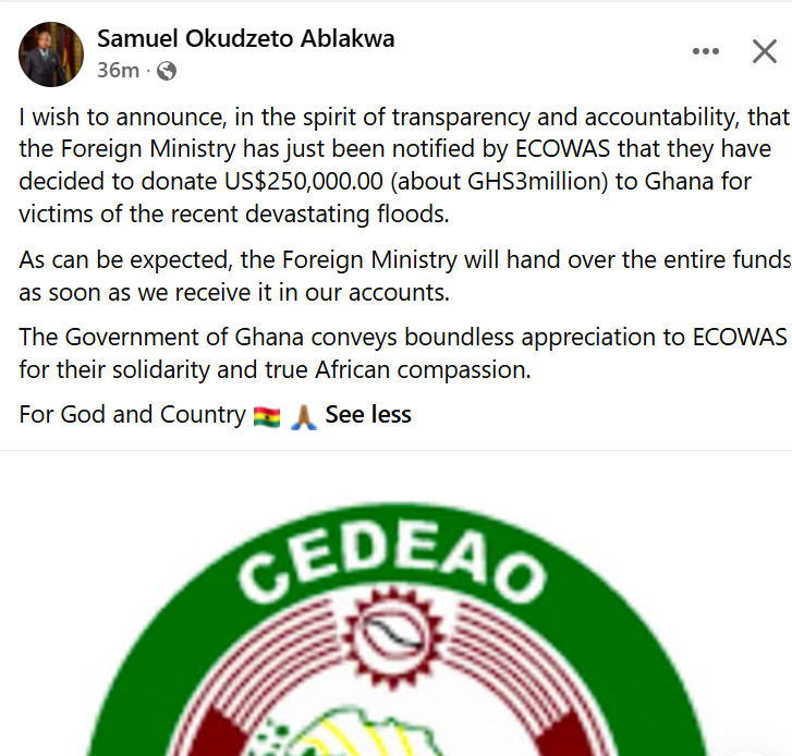 ECOWAS pledges $250,000 emergency relief for Ghana's flood-affected communities