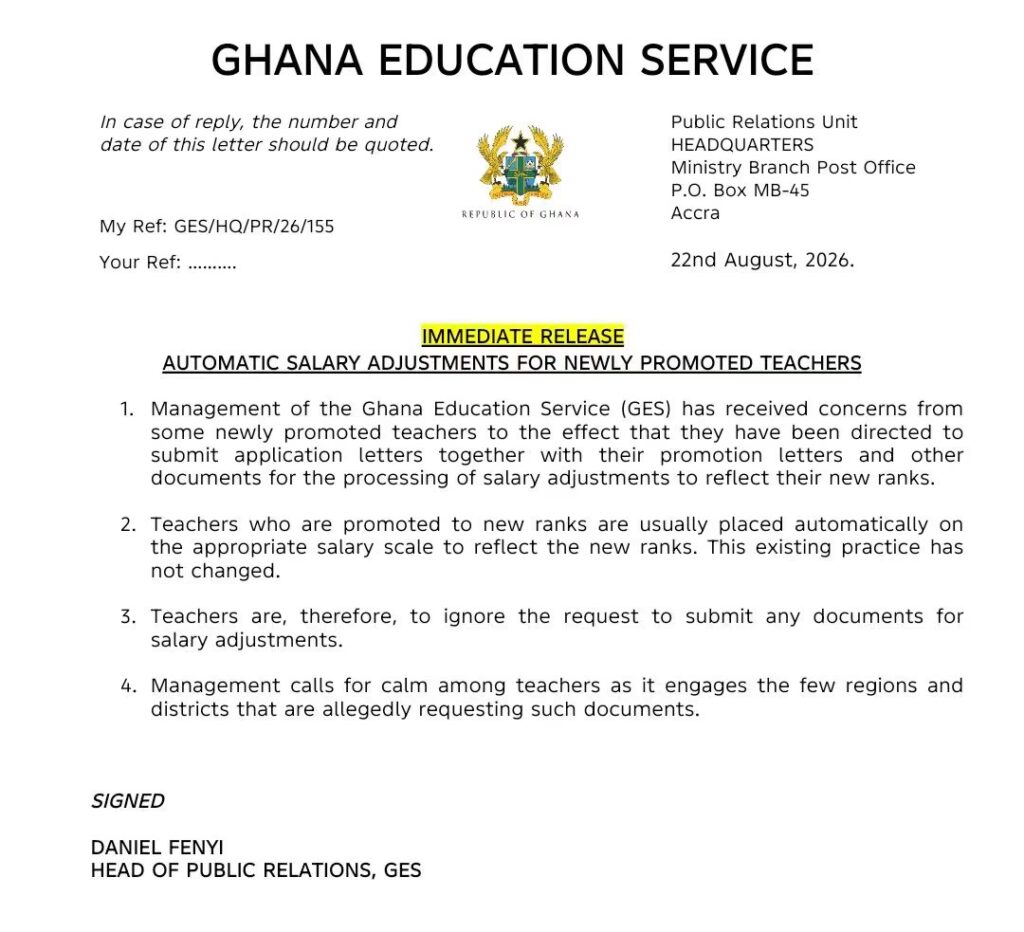GES clarifies: newly promoted teachers need not submit documents for salary adjustments