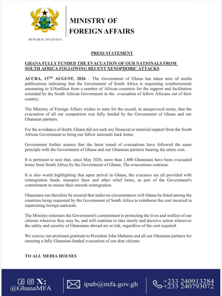 Ghana bears full cost of evacuating 1,600 nationals from South Africa amid xenophobic violence