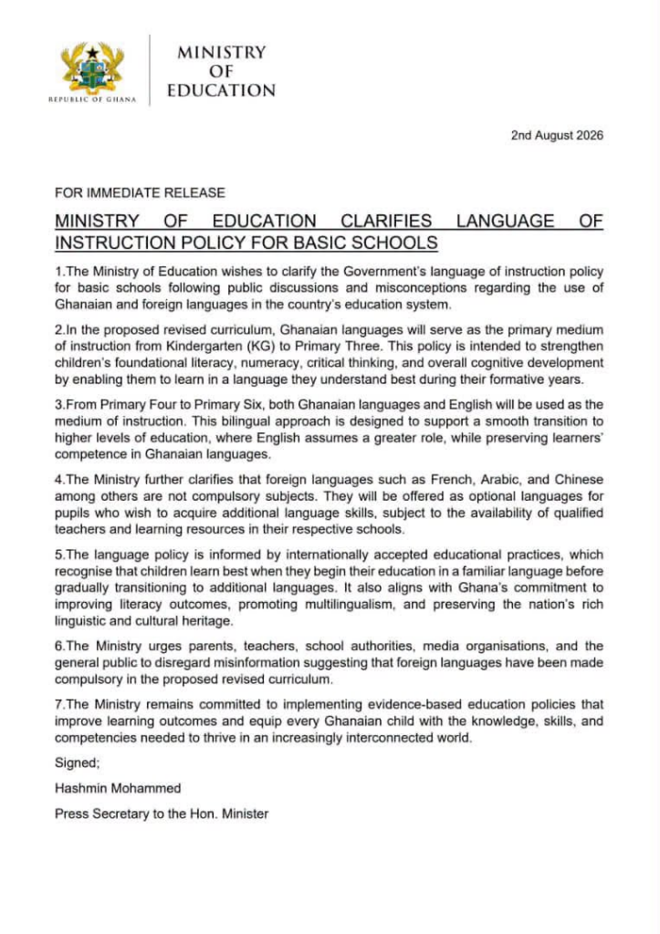 Ghana's Language Policy Clarified: Mother Tongue Instruction from KG, Foreign Languages Stay Optional
