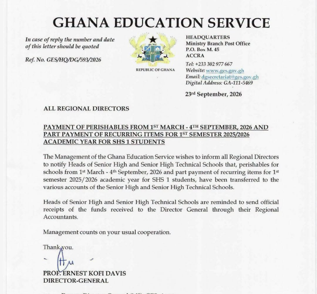 GES releases funds to senior high schools for food and student supplies