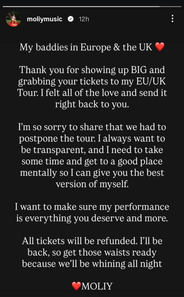 Moliy postpones Europe and UK tour to focus on mental health