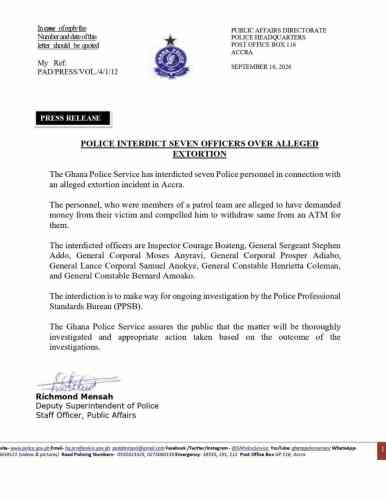 Seven Police Officers Suspended Over Alleged ATM Extortion in Accra