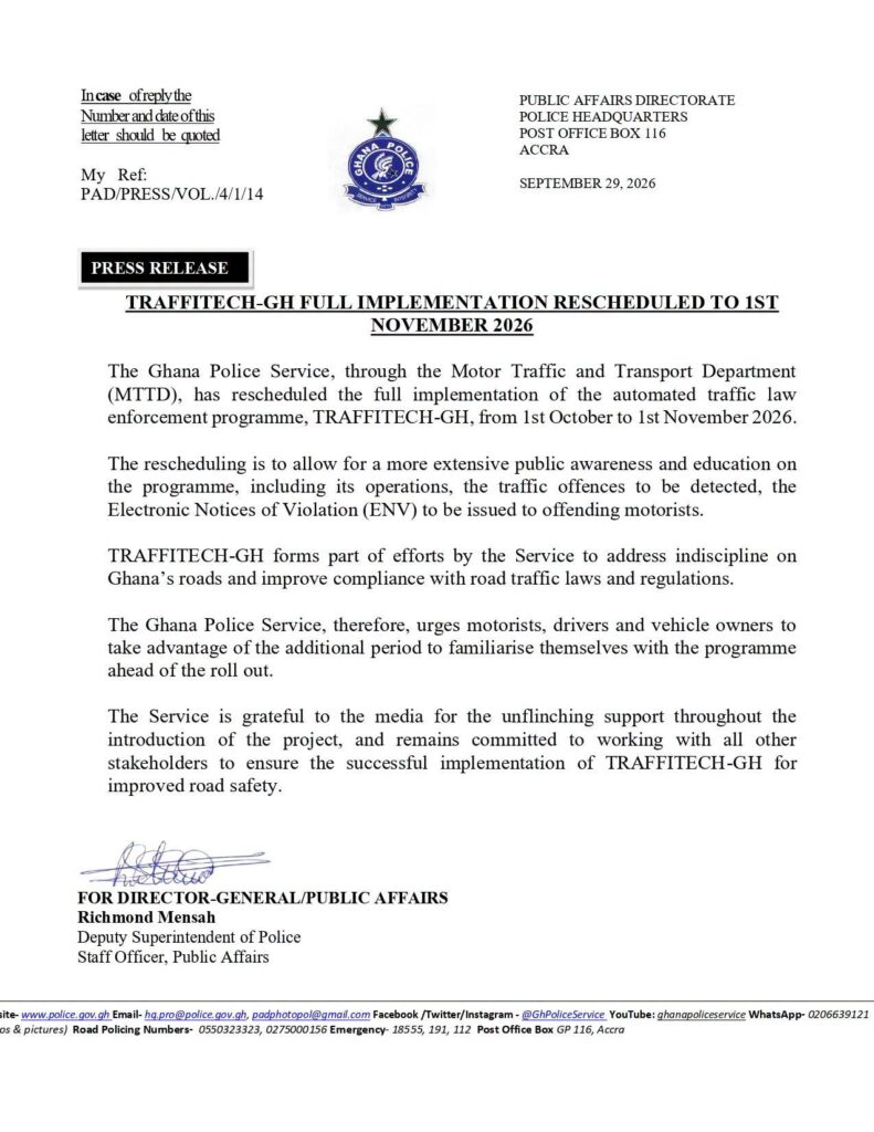 Ghana Police Push TRAFFITECH-GH Launch to November as Public Education Campaign Intensifies