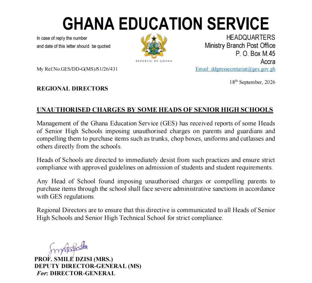 GES cracks down on illegal school fees: SHS heads warned of sanctions for unauthorised charges