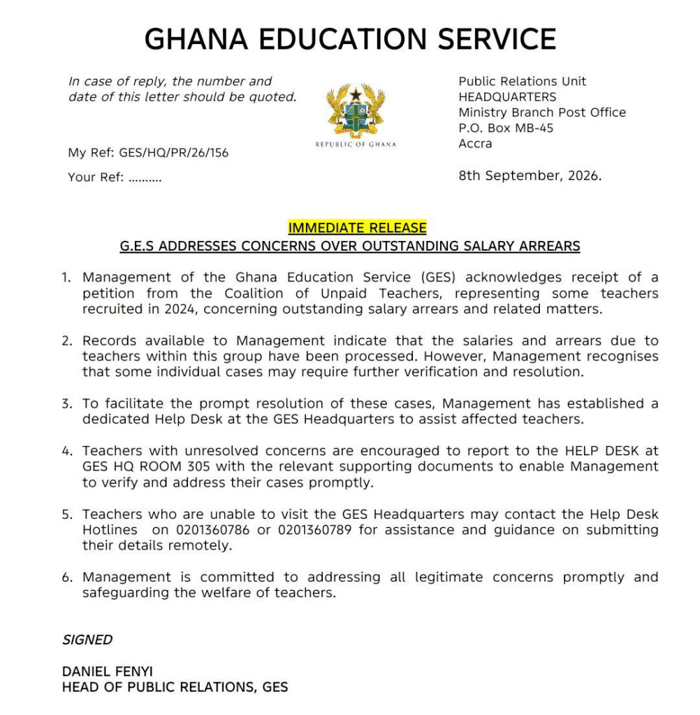 GES Opens Help Desk to Resolve 2024 Teacher Salary Arrears Crisis