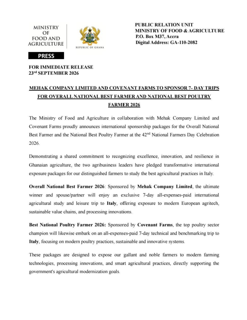 Ghana's Best Farmers to Study Modern Agritech in Italy under 2026 National Awards Scheme