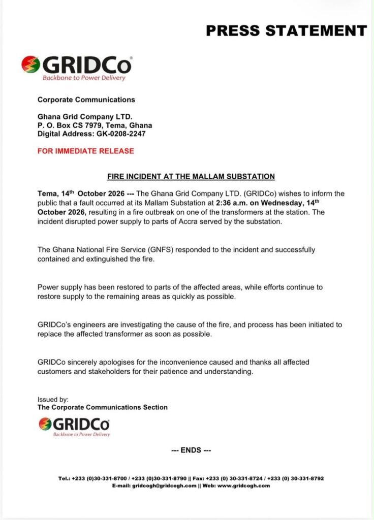 Accra's Power Crisis: GRIDCo battles to restore electricity after Mallam Substation inferno