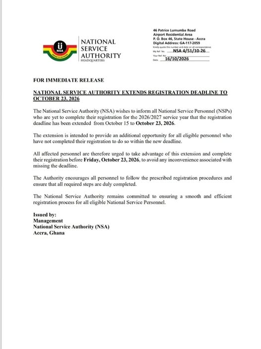 NSA Pushes National Service Registration Deadline to Late October as Extension Takes Effect