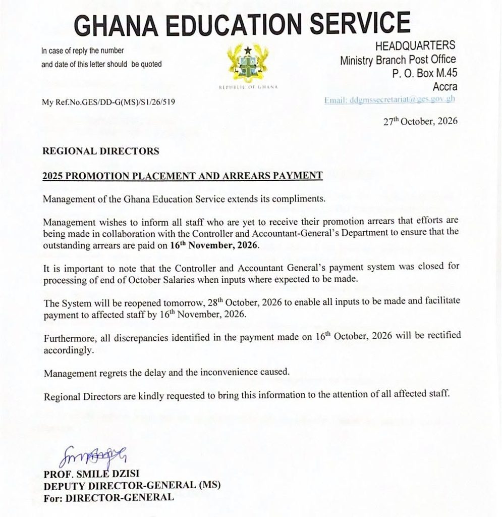 GES promises November 16 payment date for thousands of teachers awaiting 2025 promotion arrears