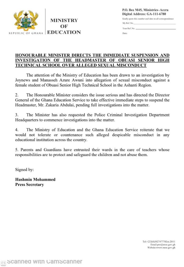 Education Minister suspends Obuasi SHS headmaster over sexual misconduct allegations