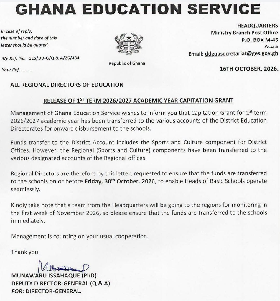 GES orders swift disbursement of 2026/2027 Capitation Grant to schools by month-end