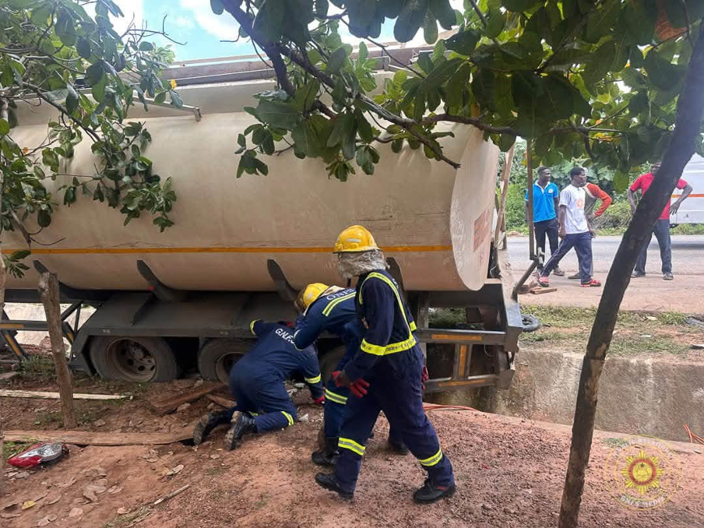 GNFS Responds to Critical Road Crash in Kintampo; Two Rescued After Motorbike-Truck Collision