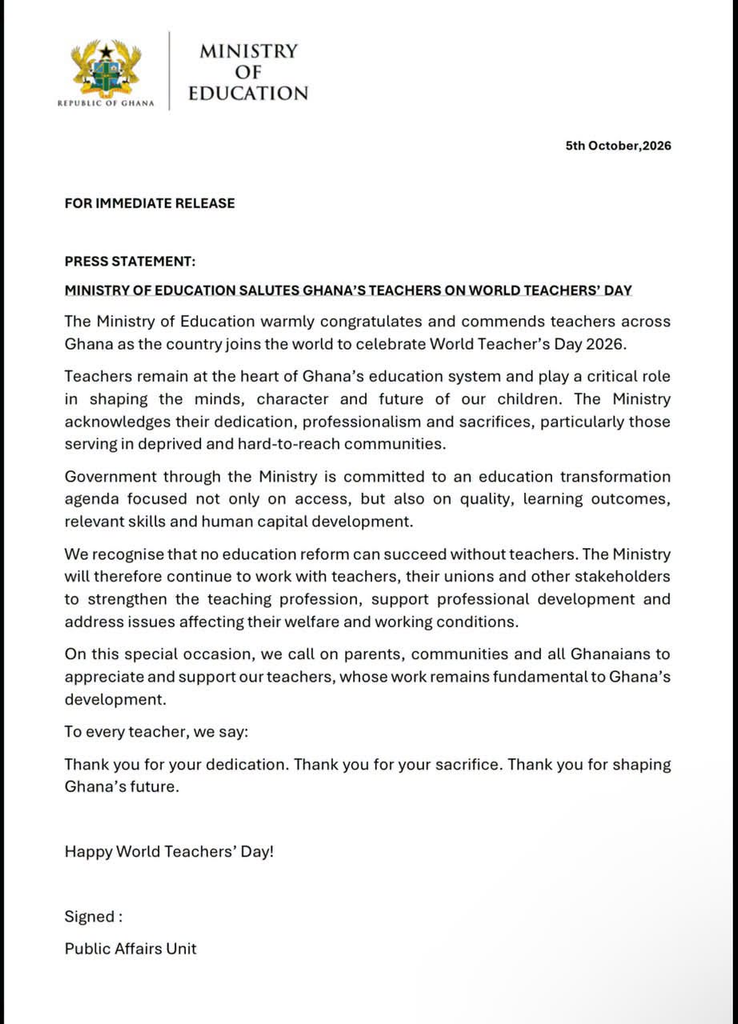 Ghana's Education Ministry honours teachers on World Teachers' Day, pledges continued support
