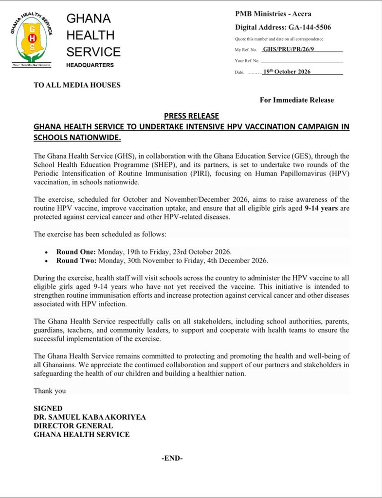 Ghana to Roll Out Nationwide School HPV Vaccination Drive in October and November